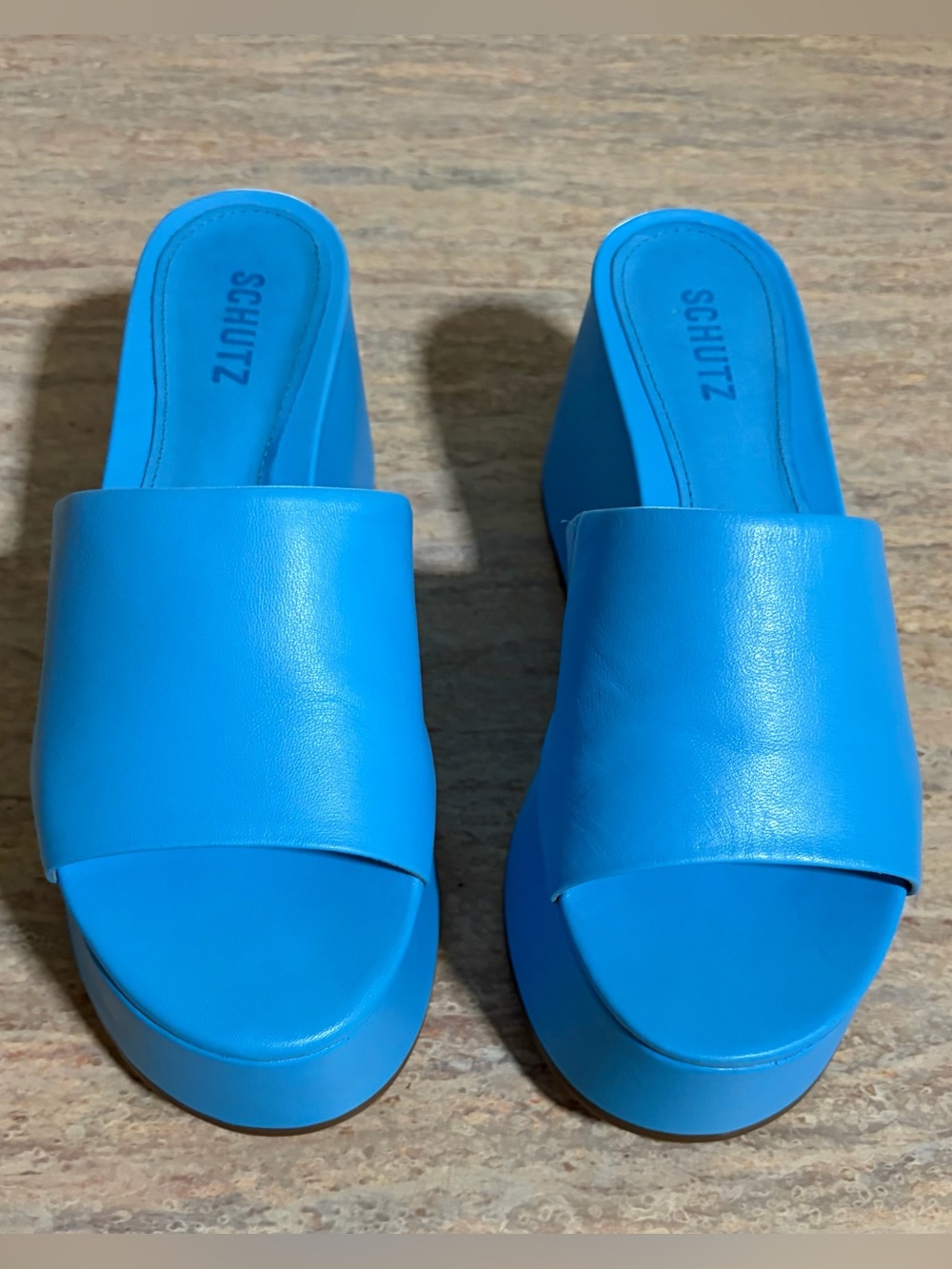 SCHUTZ Bright Blue Platform Slide Mules